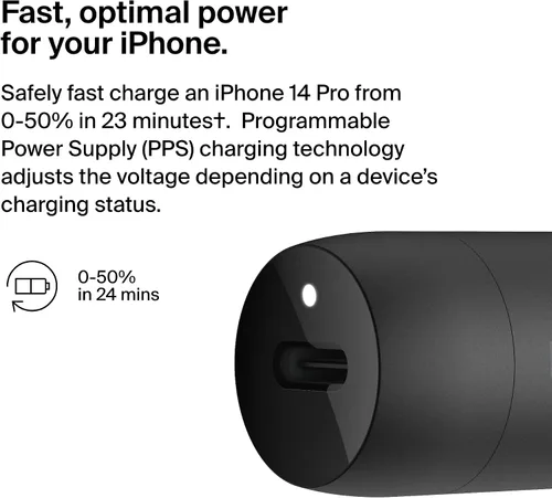 Vista 2 de Belkin Boost↑Charge™ Cargador rápido para automóvil de 30 W, diseño compacto con puerto de entrega de energía USB-C, cable USB-C a Lightning