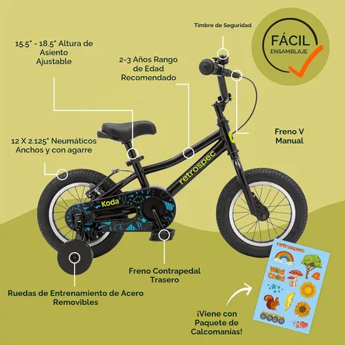 Vista 2 de Retrospec Koda Plus Kids Bike for Boys & Girls Ages 2-3 Years - Children's Bicycle, Adjustable Seat & Handlebars, Removable Training Wheels, Front