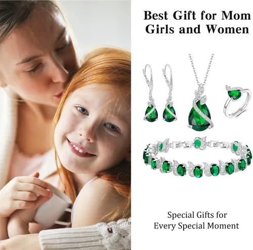 Vista 5 de BriLove Juego de joyas para novia, gota de agua con gas de circonita cúbica, collar con colgante de cristal, aretes de palanca y pulsera de tenis