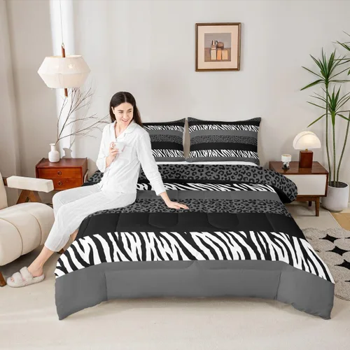Vista 15 de Juego de edredón con estampado de leopardo para niños, tamaño individual, juego de ropa de cama de moda de piel de guepardo abstracto, decoración