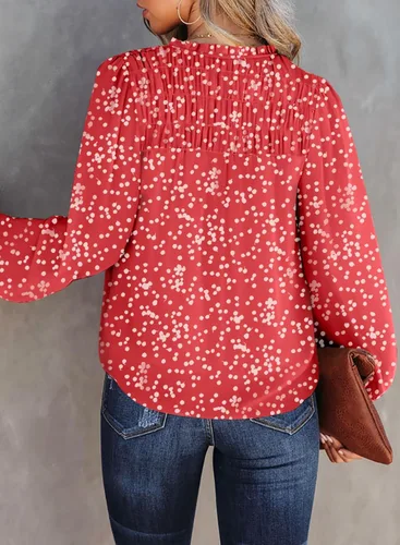 Vista 3 de Dokotoo - Camisetas de gasa para mujer, manga larga con fruncidos, cuello en V, estampado floral, blusa tipo Alicia, estilo casual y bohemio