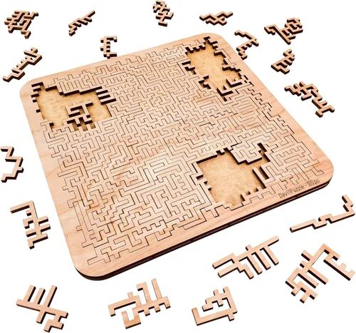 Vista 4 de Rompecabezas de madera para doblar la mente, laberinto azteca, rompecabezas difíciles de nivel experto para adultos, 50 piezas, 11.3 x 11.3 pulgadas