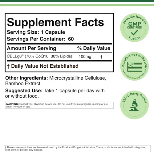 Vista 2 de Suplemento liposomal CoQ10 para antioxidante y apoyo energético (100 mg por porción, suministro de 60 días), probado por terceros, seguro