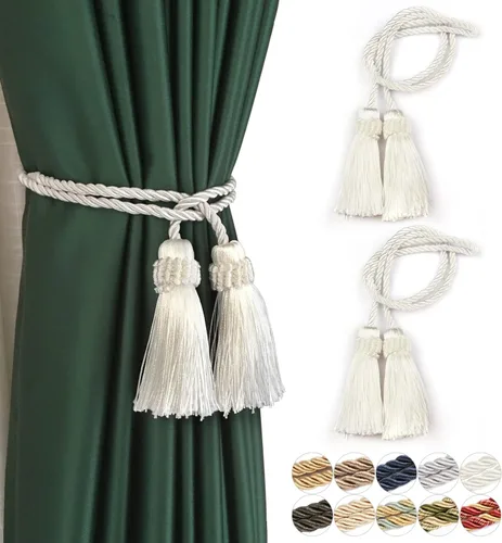Vista 25 de Sujetadores de Cortina Hechos a Mano Decorativos Alzapaños de Cortina con Cuerda y Borla (Beige, 2P)