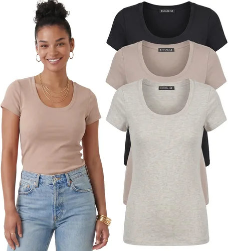 Vista 42 de Emmalise - Camiseta de manga corta para mujer, cuello redondo, estilo básico, pack de valor, tallas junior y grandes