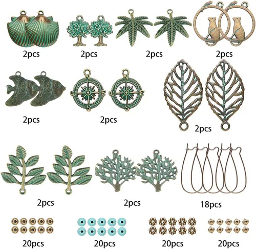 Vista 2 de SUNNYCLUE 1 caja de 9 pares de aretes colgantes de metal huecos bohemios vintage para hacer joyas, kit de iniciación de aleación verde, hoja