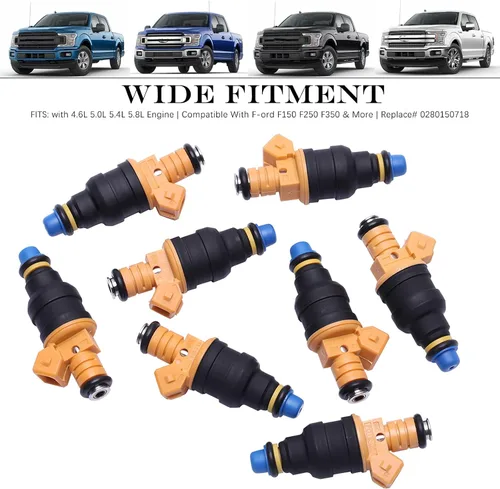 Vista 2 de Juego de 8 inyectores de combustible Motor de 4.6L 5.0L 5.4L 5.8L Compatible con F-ord F150 F250 F350 y más Reemplazar # 0280150718