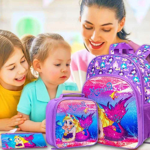 Vista 6 de KLFVB 3 mochilas de sirena de unicornio para niñas, bolsa de libros y lonchera de lentejuelas de 16 pulgadas, mochilas preescolares para primaria
