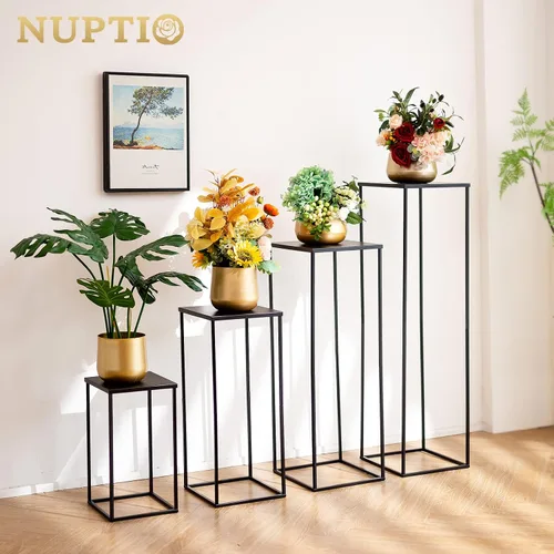 Vista 4 de Nuptio Jarrón de metal negro, 2 piezas de 15.7 pulgadas de alto, jarrones cilíndricos y cuadrados para centros de mesa, decoraciones para el hogar