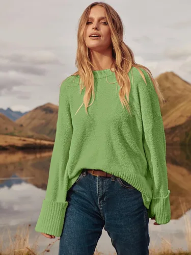 Vista 87 de LOGENE Suéter de gran tamaño para mujer, cuello redondo, manga larga, suave, mullido, suéter de punto 2025 para otoño e invierno