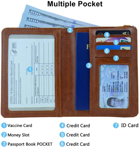 Vista 2 de Juego de tarjetero para pasaporte y vacuna, funda con protector transparente de ranura para tarjeta de vacunación, bloqueo RFID de cuero