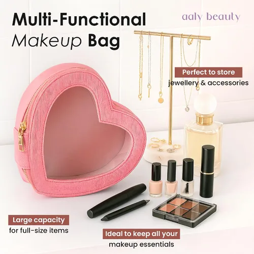 Vista 2 de Bolsa de maquillaje con forma de corazón – Bolsa de cosméticos de corazón rosa con cubierta transparente – Ideas de regalo para mujeres, mamá