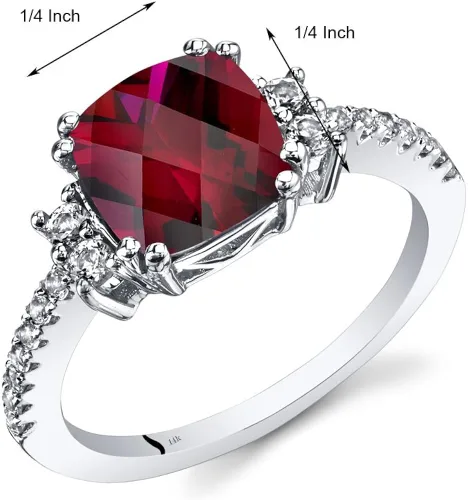 Vista 3 de Peora Anillo de rubí creado para mujer, oro blanco de 14 quilates con topacio blanco auténtico, diseño de 3 quilates con corte de cojín de 0.315in
