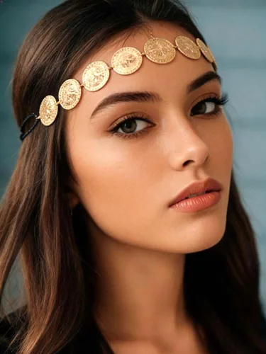 Vista 2 de Yalice Cabeza de moneda dorada, diadema elástica, diadema india, accesorios para el cabello de la frente de los años 20 para mujer