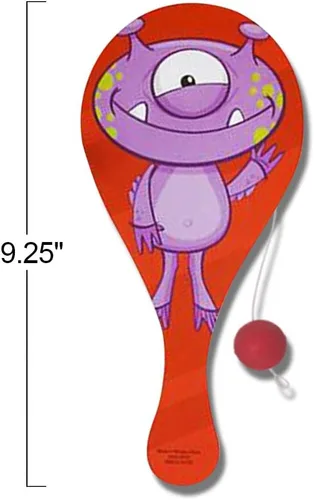 Vista 3 de ArtCreativity Bolas de remo de figuras de monstruo, paquete de 12, 9.25 pulgadas de madera de Paddleball con cuerda, varios colores y diseños