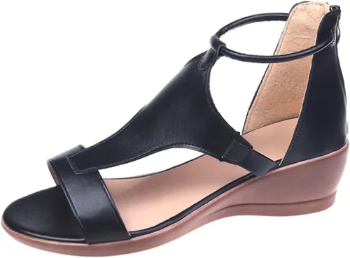 Vista 6 de NOLDARES Sandalias romanas para mujer, sandalias de cuña con puntera abierta, con cremallera, color puro, sandalias de piel sintética