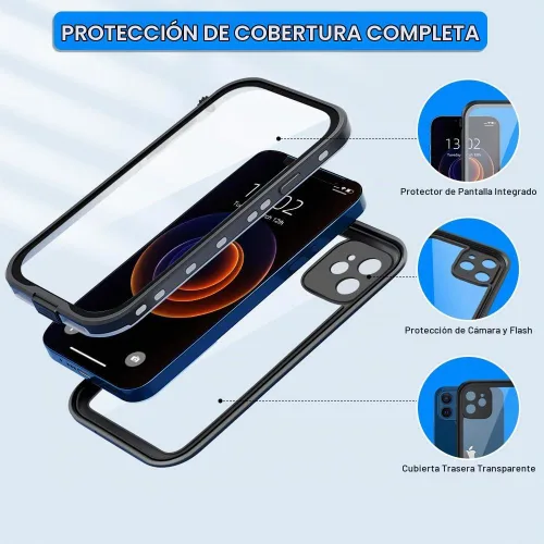 Vista 4 de Funda impermeable para iPhone 12 Mini, cobertura completa IP68, impermeable, a prueba de golpes y polvo con protector de pantalla integrado