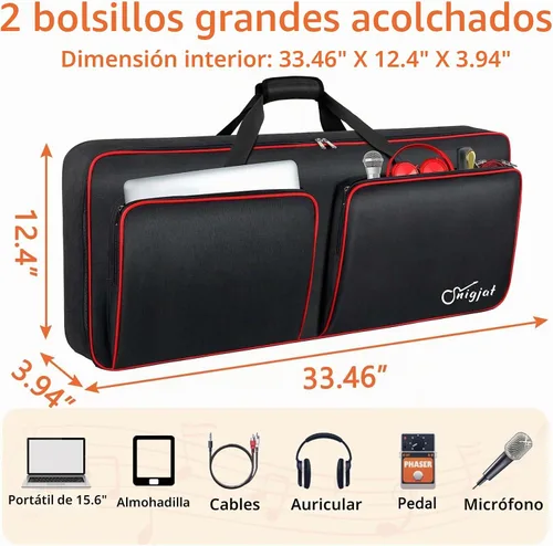 Vista 3 de SNIGJAT Funda para teclado de 49 teclas suave, bolsa de piano con bolsillos acolchados para piezas de instrumentos y accesorios, bolsa impermeable