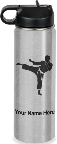 Vista 51 de Botella de agua personalizada LaserGram, Karate Man, de acero inoxidable con aislamiento al vacío de doble pared con tapa abatible, regalo grabado