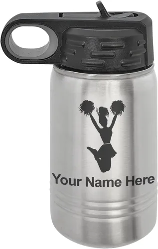 Vista 32 de LaserGram Botella de agua con tapa abatible de doble pared de 12 onzas con pajita, animadora, grabado personalizado incluido (negro)