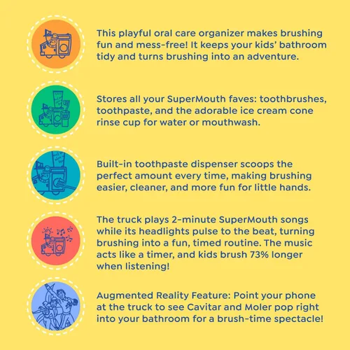 Vista 2 de SuperMouth Paquete de cuidado bucal para niños: organizador de camión de helado con dispensador de pasta de dientes, música y luces + pasta