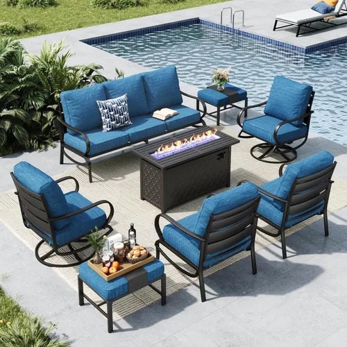 Vista 60 de MFSTUDIO Juego de 4 piezas de conversación para patio, marco de metal para todo tipo de clima, muebles de exterior con 1 mesa rectangular de propano