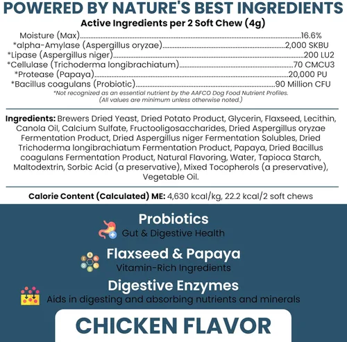 Vista 2 de Probióticos para perros con enzimas digestivas - 120 masticables suaves - Apoya el tracto digestivo saludable, ayuda a la absorción de nutrientes