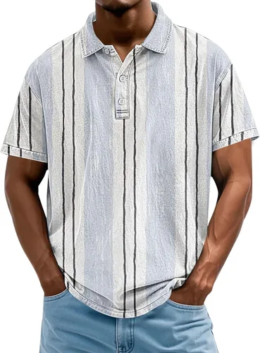 Vista 17 de Camisa polo de manga corta para hombre, camiseta de golf a rayas, de manga corta, para vacaciones, casual, cuello en V, camiseta de verano