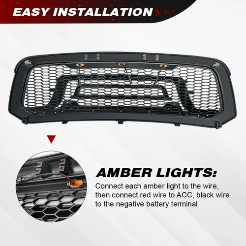 Vista 5 de Rejilla frontal negra brillante compatible con Dodge Ram 1500 2013-2018, Ram 1500 Classic 2019-2023, con luces ámbar (sin letra "RAM")