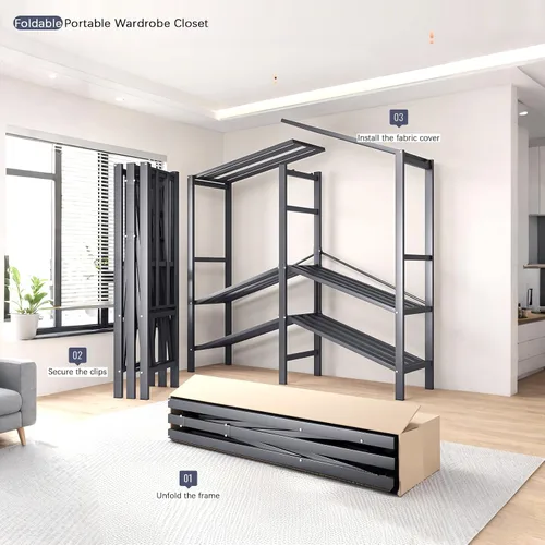 Vista 5 de Armario portátil resistente con puertas magnéticas, perchero de metal resistente de 1500 libras, perchero plegable para ropa, para dormitorio, sala