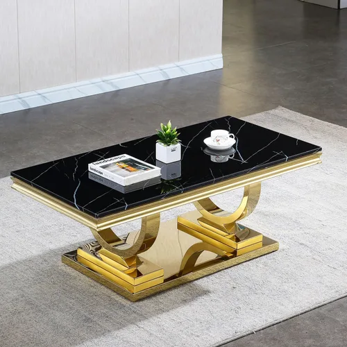 Vista 22 de Mesa de centro de 47 pulgadas de mármol negro con base en forma de U de acero inoxidable espejado, mesa central de parte superior rectangular