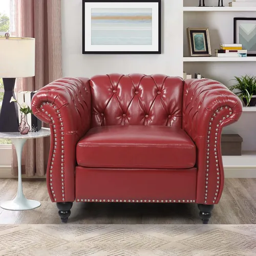 Vista 30 de Sofá moderno de 3 plazas, muebles de sofá grande, con brazo enrollable, sofá Chesterfield clásico copetudo de cuero con respaldo de asiento copetudo