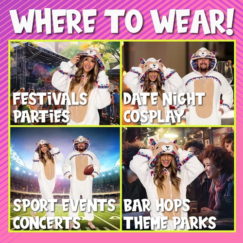 Vista 22 de Funziez! Mameluco de sherpa ajustado para adultos, disfraz de Halloween de animales, traje de cosplay de una pieza de felpa para mujeres y hombres