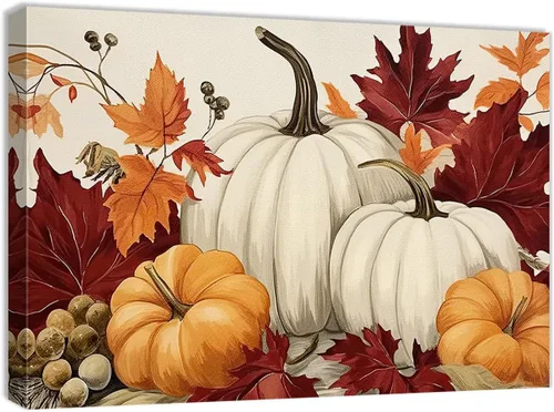 Vista 9 de QIXIANG Lienzo de otoño para pared, impresiones de imágenes de hojas de calabaza, imagen de otoño, decoración temática de Halloween, obra de arte