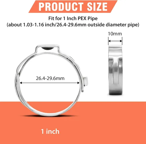 Vista 2 de 60 piezas de anillos de abrazaderas de cincha PEX de 1 pulgada, abrazaderas de manguera de una oreja de acero inoxidable 304, anillos de crimpado