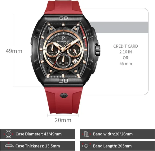 Vista 4 de Paras Crown Relojes para hombre, Tonneau 5ATM, impermeable, de cuarzo, cronógrafo, analógico, de cuarzo, analógico, reloj de pulsera para hombre