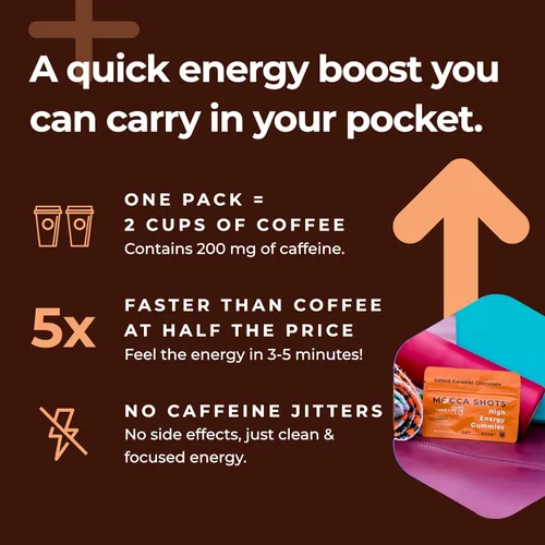 Vista 6 de Caffeine Energy Chew - Paquete de 3, 200 mg de cafeína por paquete. Aumento de cafeína, gomita energética de café, gomitas Mocca Shots de alta