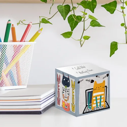 Vista 4 de Whimsical Cats - Cubo de notas adhesivas para gatos, 600 hojas, bloque de notas de 2.75 pulgadas impreso en 4 lados, diseño felino diferente en cada
