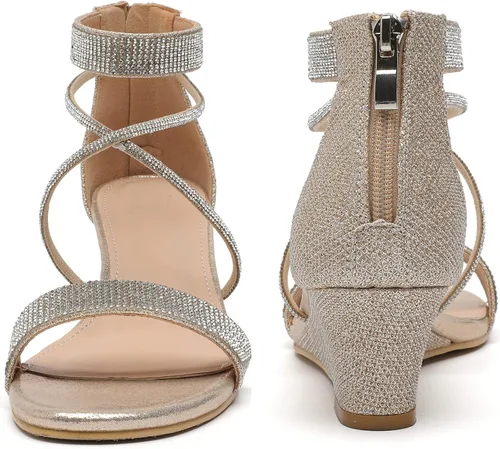 Vista 5 de DADAWEN Sandalias de cuña baja con diamantes de imitación y punta abierta para mujer, con correa en el tobillo, zapatos de tacón para fiesta o boda
