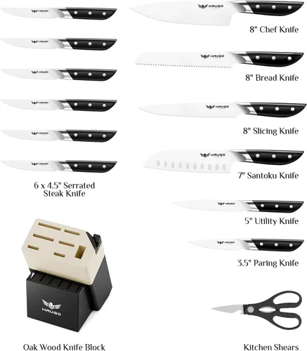 Vista 2 de Juego de cuchillos de cocina Haugo con bloque: juego de 14 piezas de cuchillos profesionales de acero inoxidable alemán de tajo completo - Gris negro