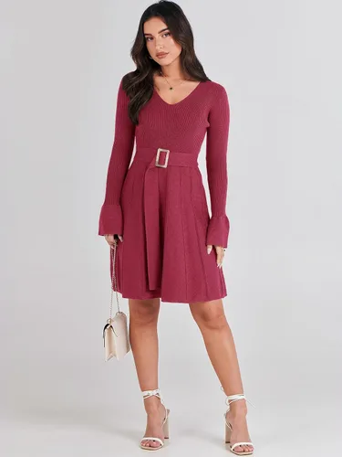 Vista 6 de ANRABESS Vestido tipo suéter de manga larga con cuello en V y lazo en la cintura, plisado, acampanado, elegante, de punto acanalado, vestido midi