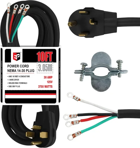 Vista 9 de EP Cable de secado de 4 puntas, 4 pies SRDT 10/4, cable de alimentación de extensión de electrodomésticos de 30 amperios, NEMA 14-30, negro