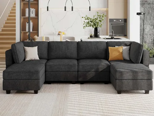 Vista 3 de Belffin Sofá en forma de U Sofá modular reversible de almacenamiento otomano Sofá de 6 plazas sofás grandes Sofá en forma de U Negro