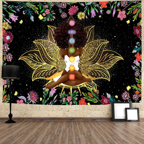 Vista 10 de Ine Ive Tapiz de chakra africano, mujer afroamericana, tapices de meditación zen, 40 x 30 pulgadas, cielo estrellado, flores, jardín, inspirador