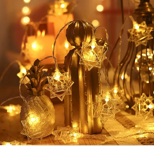 Vista 4 de Guirnalda de luces de Ramadán, estrella, luna, 10 pies, 20 luces LED, funciona con pilas, con 2 modos de iluminación, decoración de Ramadán Kareem