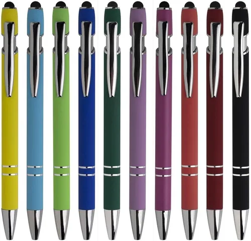 Vista 2 de Bolígrafo con punta de lápiz capacitivo, tinta negra, punta media, 0.039 in, tacto suave, metal, mate, varios colores, barril, 10