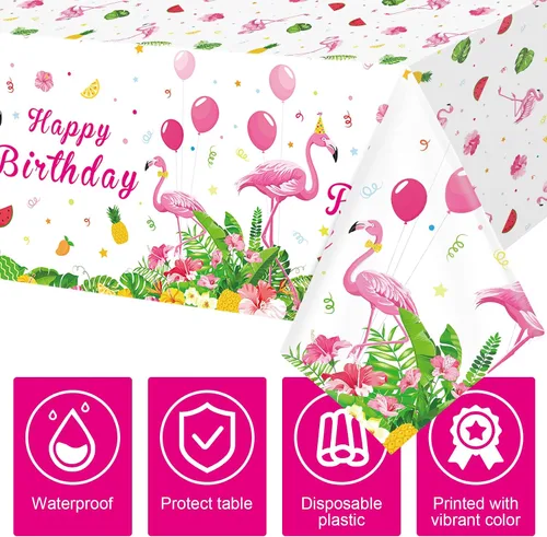 Vista 4 de Mantel rectangular de plástico tropical con diseño de flamenco rosa para decoración de fiesta de cumpleaños, picnic de verano, playa, 3 piezas, 54 x