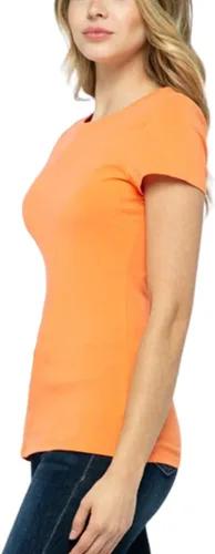 Vista 4 de Camiseta de manga corta para mujer, cuello redondo, ajustada, lisa, básica, elástica, casual