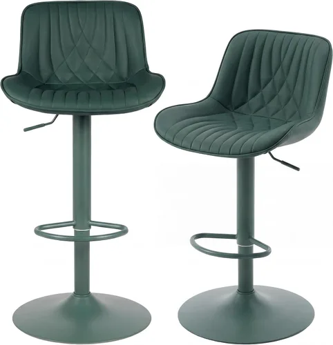 Vista 8 de YOUTASTE Juego de 2 taburetes de bar de piel sintética, todos los taburetes de bar tapizados de color verde oscuro con respaldo, silla giratoria