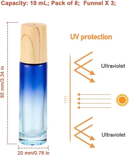 Vista 2 de Botellas de rodillo de vidrio de 0.3 fl oz para aceites esenciales, 8 unidades de bolas enrollables recargables a prueba de fugas y aplicador